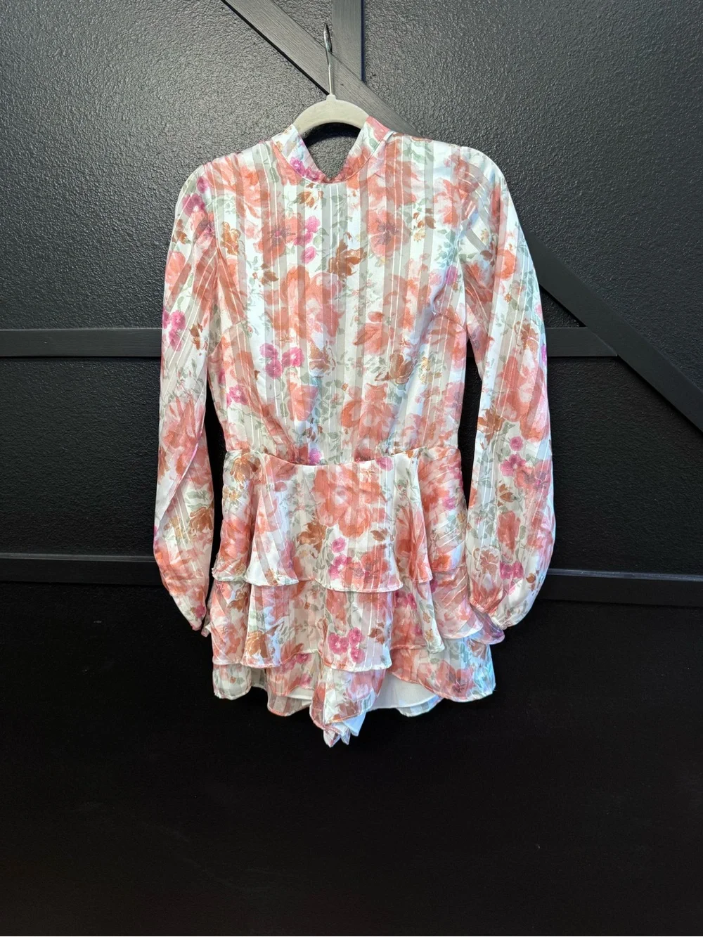 Vici Peach Floral Long-Sleeve Tiered Mini Dress